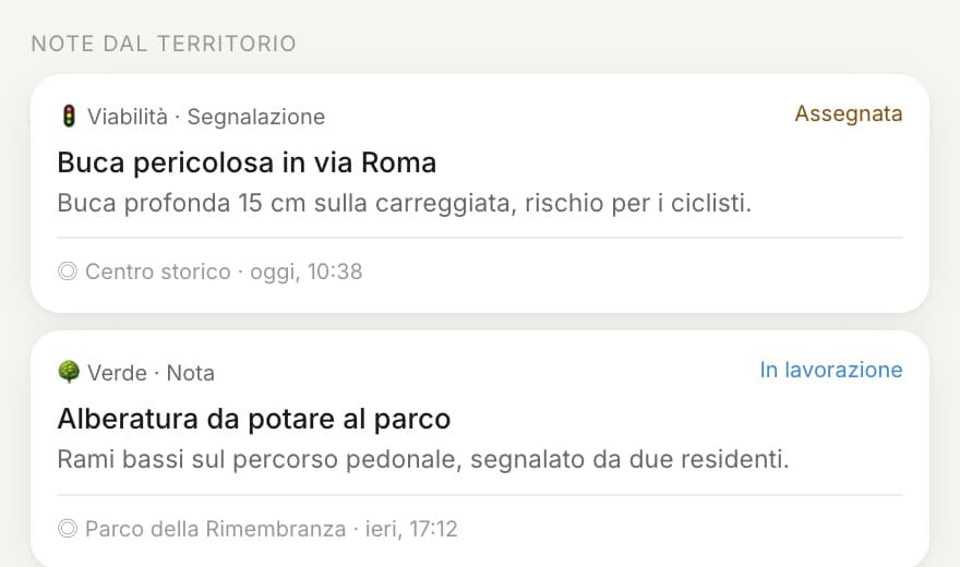 Un dettaglio della schermata: note dal territorio