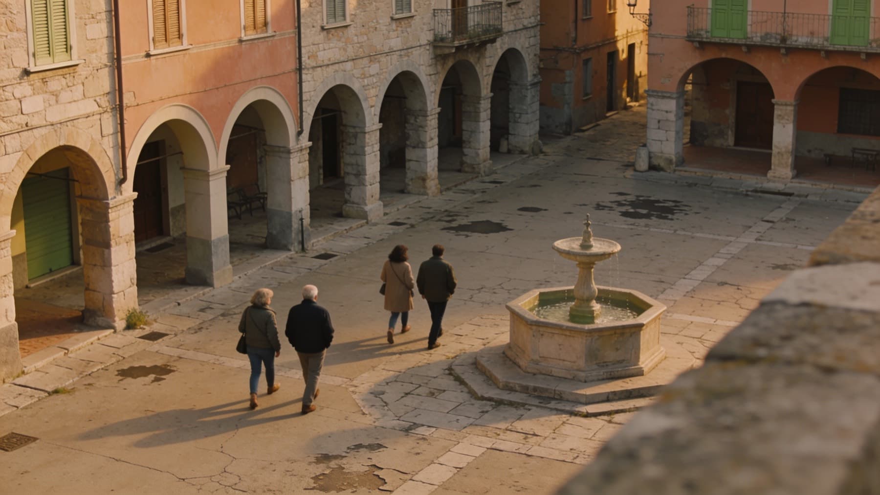 Una piazza di paese nel tardo pomeriggio, con alcune persone che la attraversano