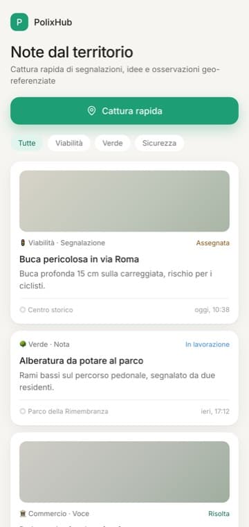 Le note dal territorio sul telefono, con tema, zona e stato di lavorazione